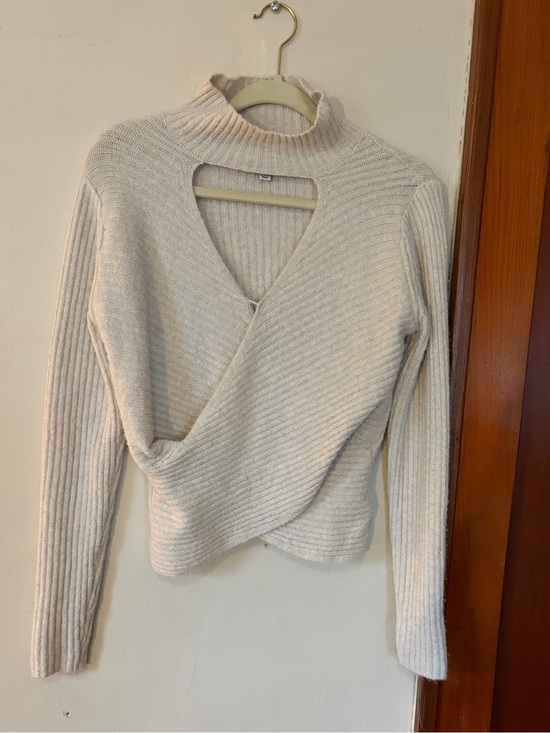 Pink Rose Sweaters - Pink Rose Cream Ribbed Wrap-Front Mock Neck Sweater
